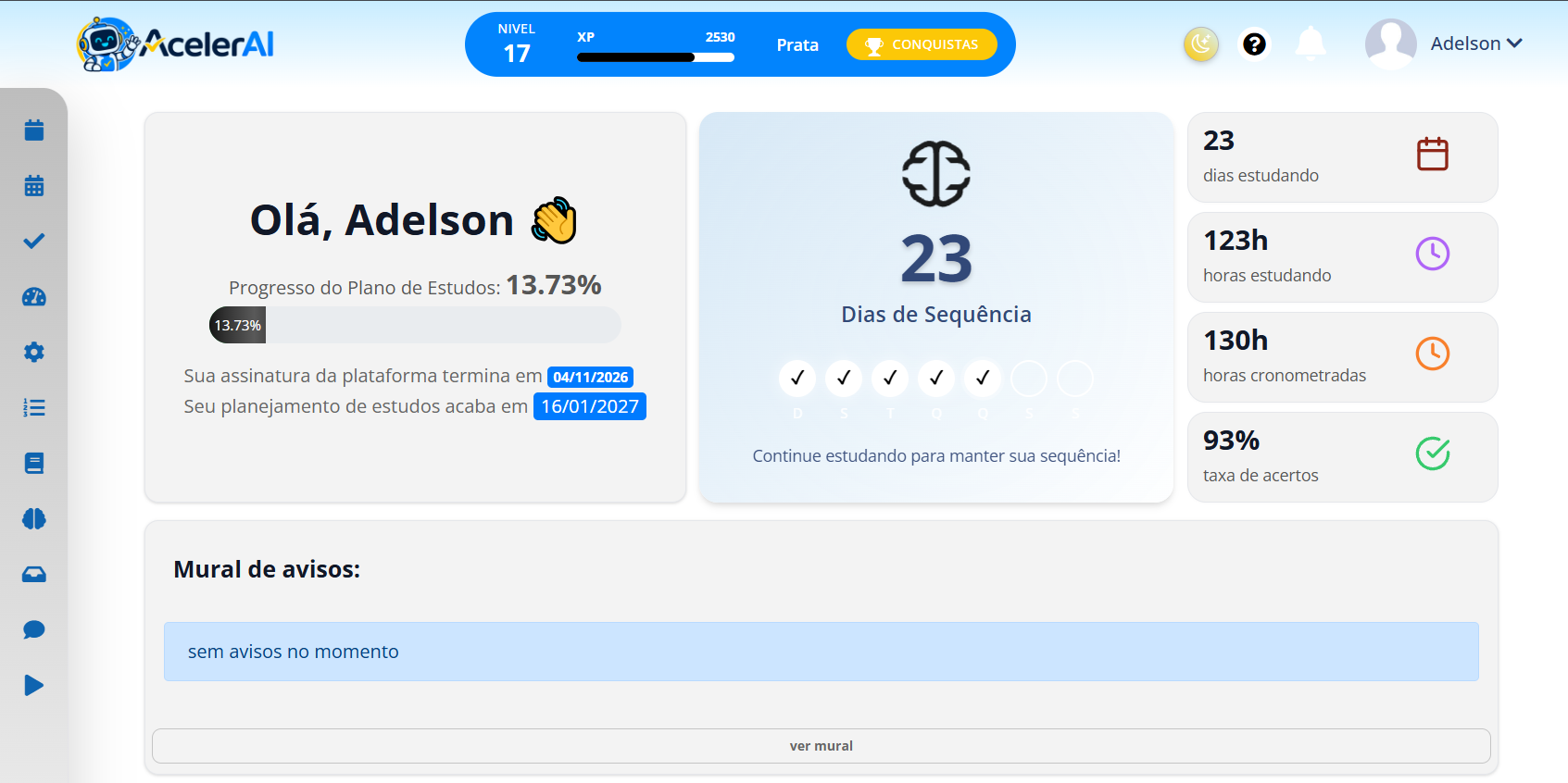 Painel da plataforma com progresso do plano de estudos, sequência de dias e horas estudadas