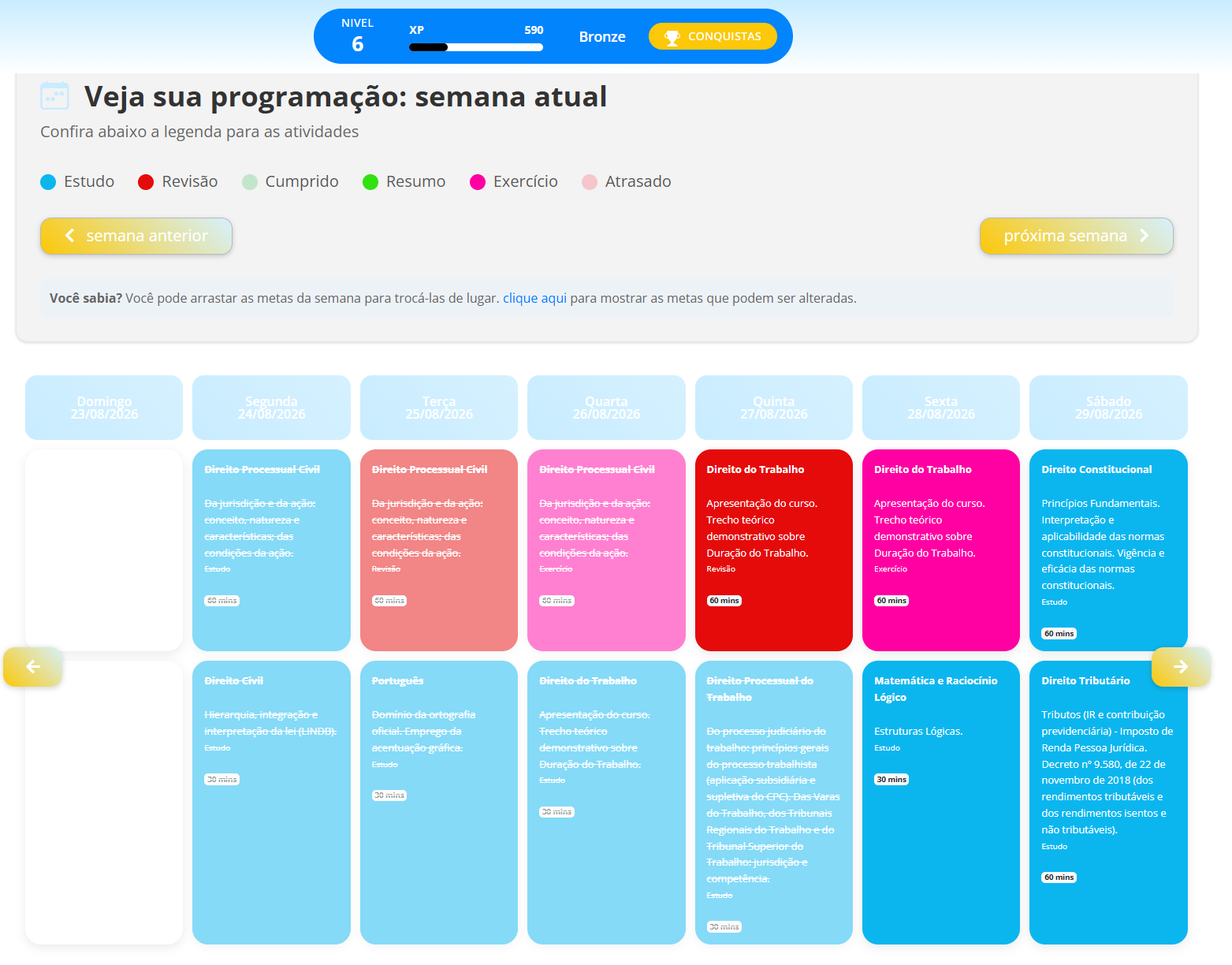 Tela da programação semanal de estudos por disciplina